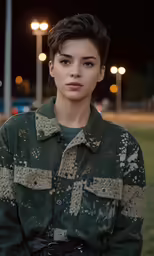 a woman standing in front of street lights