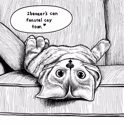 a dog in a sweater lying down on a couch with a comic bubble