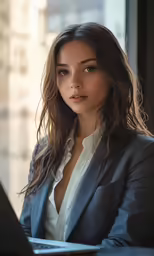 a woman wearing a suit sitting next to a window