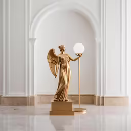 an angel statue stands beside an oval white light