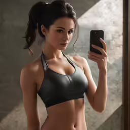 a girl with a phone showing her abs workout in the bathroom