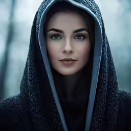 a woman is dressed in a hooded top looking ahead