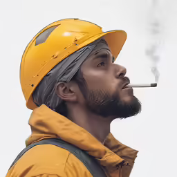 a man in a yellow hat is smoking a cigarette