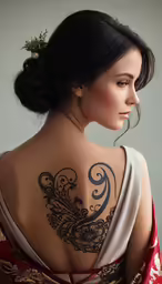 a woman in a dress has her back tattoo