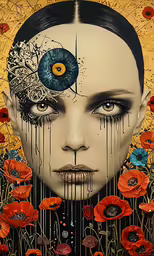 a woman with flowers on her head with a painting on her face