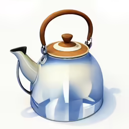 a white and blue tea pot with a wooden handle