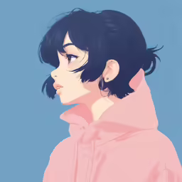 a young woman with a ponytail wearing pink coat