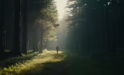 the lone person is walking through the woods with his dog