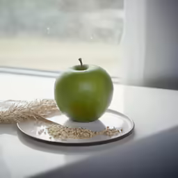 the green apple is sitting on the small plate