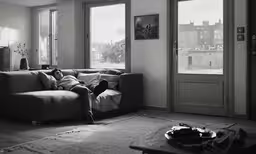 a man is sitting on the couch and reading a book,a person on a couch is in the middle of his room