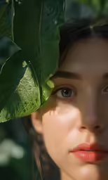 a woman with a freckled face and a leaf in her hair
