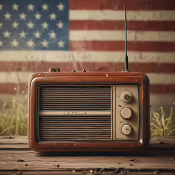an old radio set up with a us flag