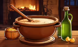 there is a pot and a bottle on the table,a painting with oranges and an old - fashioned teapot