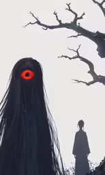 a ghostly woman standing next to a red eye