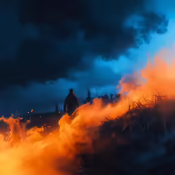 the man is standing by the fire as it has been set on fire