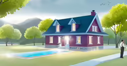 a man standing in front of a large home next to a swimming pool