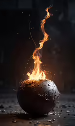 a ball covered in fire is on the ground