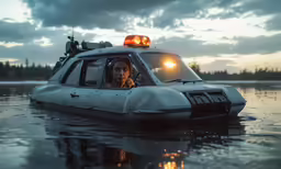 a car floating through a lake under a cloudy sky