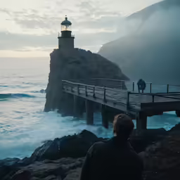 a man walking across a bridge on a pier next to the ocean