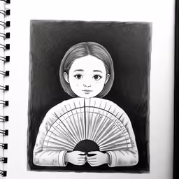 the black and white drawing of a child holding a fan