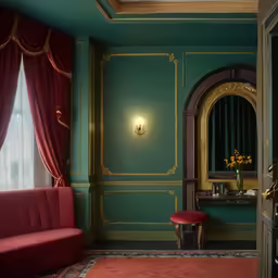 the green room features a red couch, a gold mirror and a bright red drapes