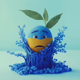 a yellow, blue and green face hiding in a blue object
