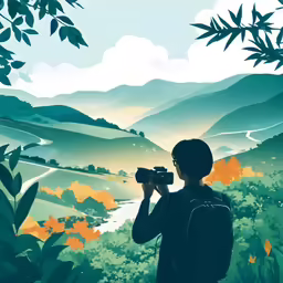 man looking at mountains through binoculars with orange flowers on tree