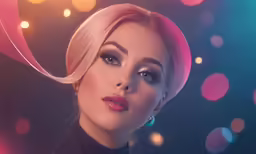 a woman with pink hair and black shirt on