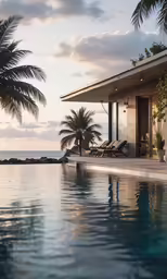 an empty swimming pool near the beach and palm trees
