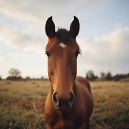 a horse with black ears standing in the grass