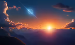 the sun is setting in the sky over mountains