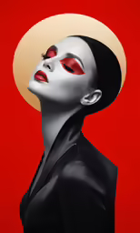 a woman with red eyes and red lipstick