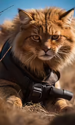 an image of a cat with a helmet and gun