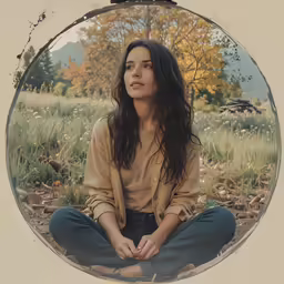 a woman in a brown top and blue pants