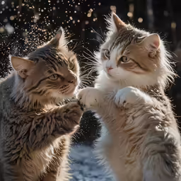 two cats playing with each other on the ground