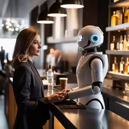 woman with robot arms and body in restaurant setting