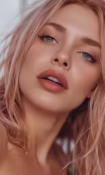 a woman with blue eyes and long, wavy hair