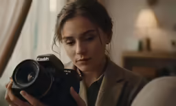 girl holding up her camera while in the living room