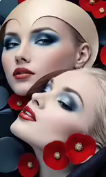 two women are in red flowers with their eyes painted