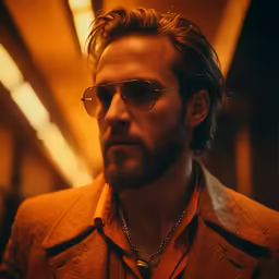 man with long blonde hair wearing round sunglasses in hallway