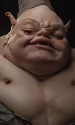 a very large naked man wearing a devilish outfit