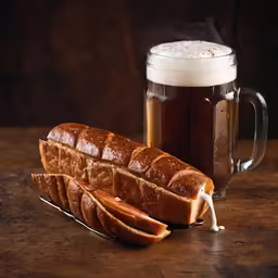 a close up of a large loaf of bread with a cup of beer in the background