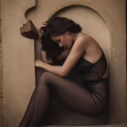 a woman wearing a dress and lingerie leaning against a stone wall