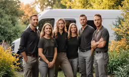 seven people standing in front of an rv in the woods