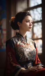 an asian woman in traditional dress sits next to a window