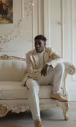 a man sitting on top of a couch next to white walls