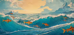 an image of fish in the ocean with waves,fish swim across the ocean waves at a sunny day