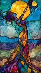 a colorful piece of art with abstract lines and shapes,a mosaic of a woman standing in front of a tree