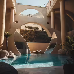 a pool and waterfall inside a luxurious home