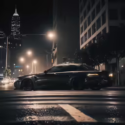 a sports car in the rain, on a city street